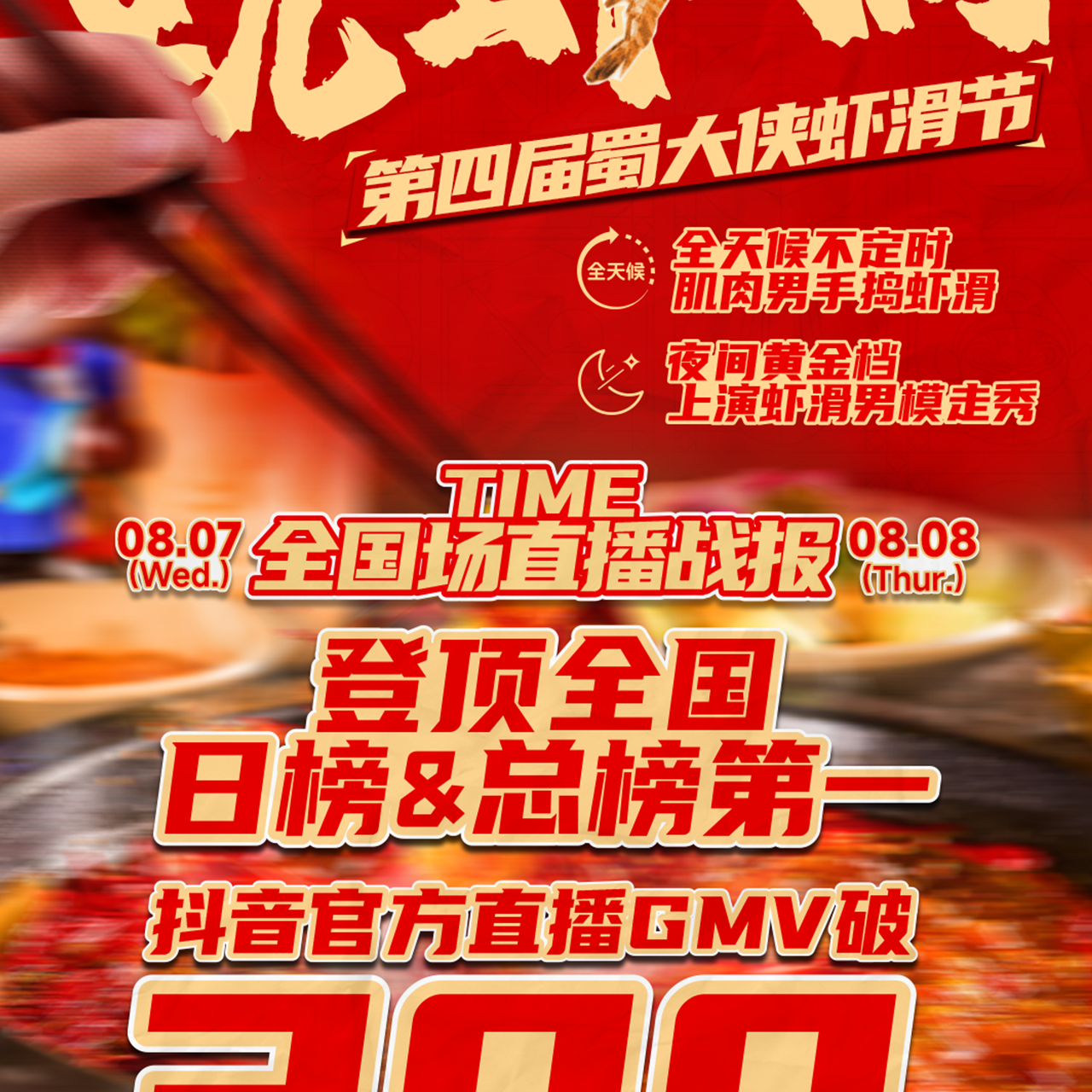 🔥蜀大侠4th虾滑节抖音宠粉直播🔥⬆登顶全国日榜&总榜TOP1